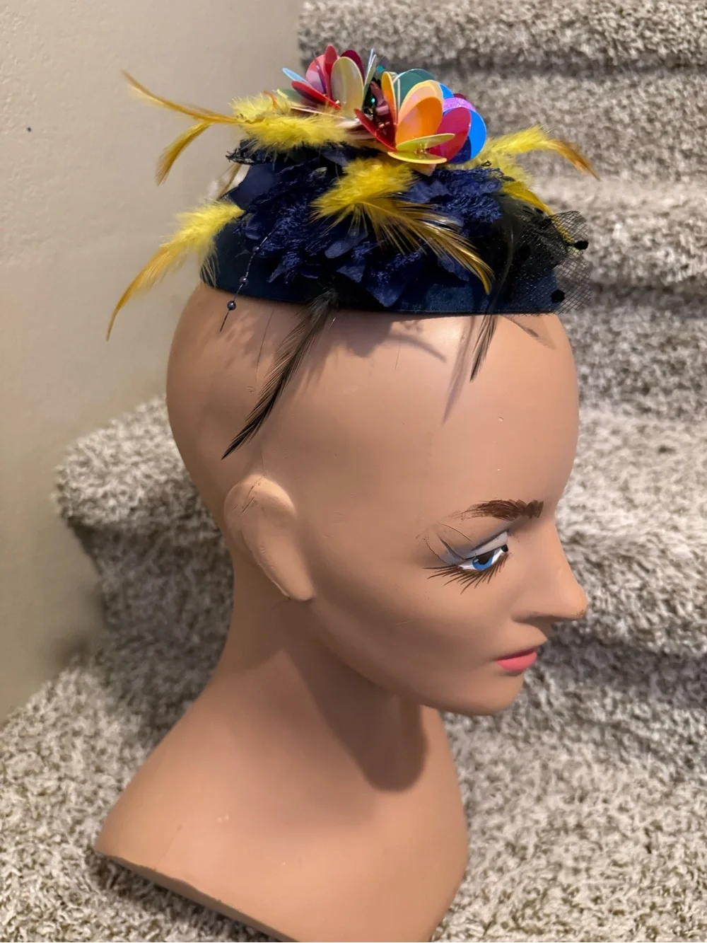 Navy Blue Feathered Fascinator Headpiece with Multicolor sequins